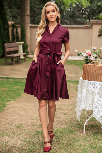 V Neck Burgundy Vintage Dress with Short Sleeves