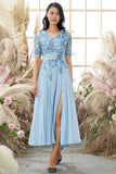 V Neck Blue Mother of Bridal Dress with Appliques