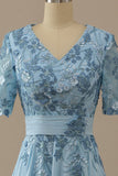 V Neck Blue Mother of Bridal Dress with Appliques