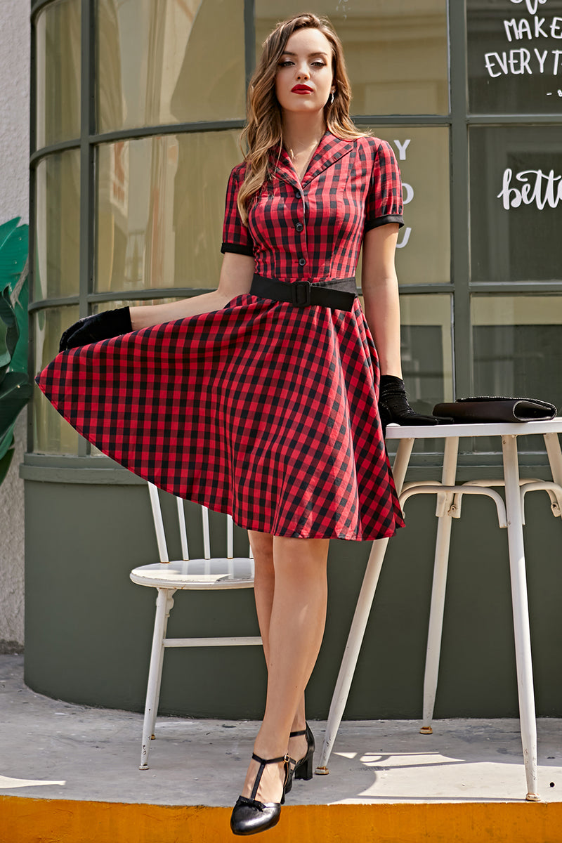Zapaka Women Vintage Plaid 1950s Dress Short Sleeves Collared Swing ...