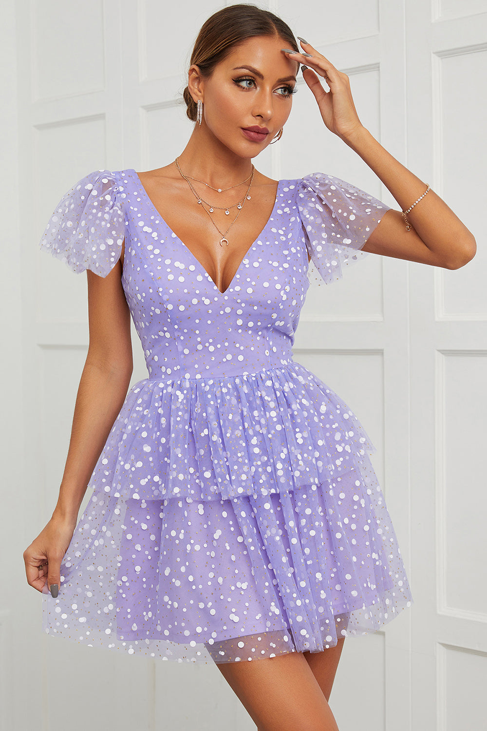 Cute V Neck Purple Cocktail Party Dress