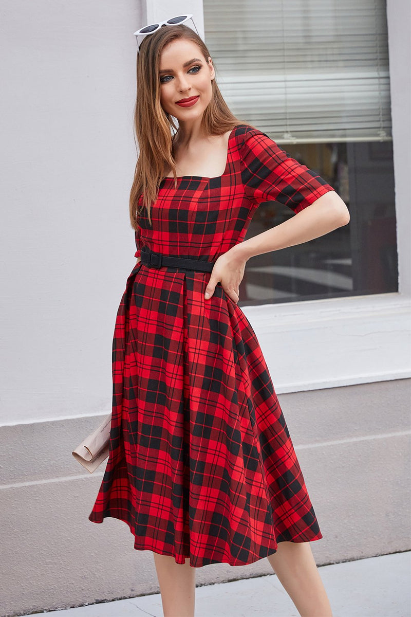 Load image into Gallery viewer, Red Plaid Square Neck 1950s Dress