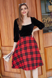 Black Velvet Splicing Plaid Vintage Dress