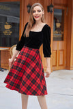 Black Velvet Splicing Plaid Vintage Dress