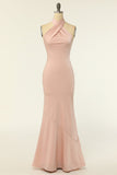 Mermaid Halter Blush Long Bridesmaid Dress with Backless