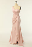 Mermaid One Shoulder Blush Long Bridesmaid Dress with Ruffles