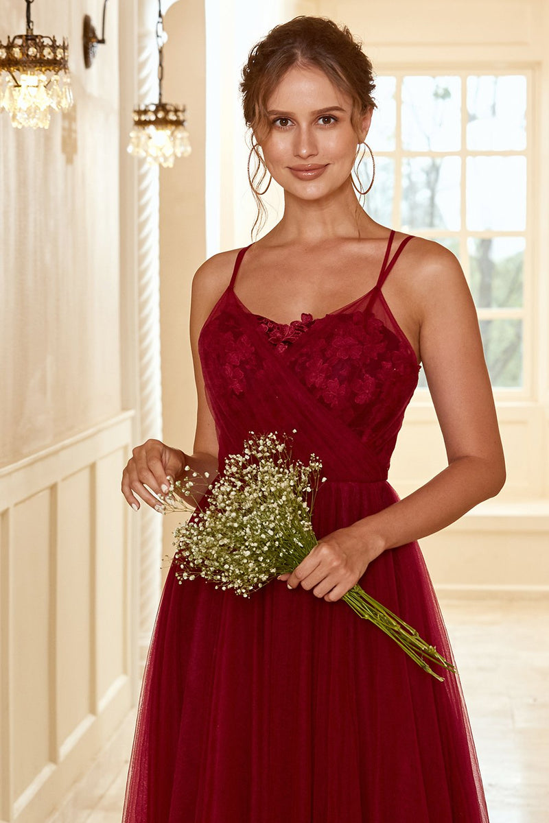 Load image into Gallery viewer, Burgundy Long Bridesmaid Dress with Lace