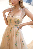 A Line Spaghetti Straps Champagne Formal Dress with Embroidery