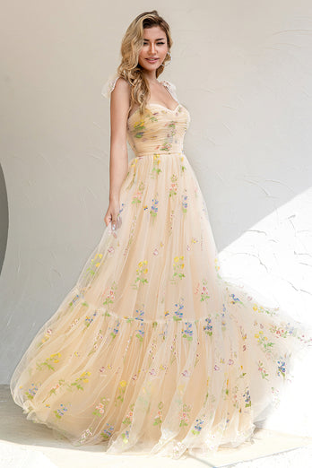 A Line Spaghetti Straps Champagne Formal Dress with Embroidery