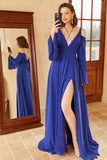 A Line Off the Shoulder Royal Blue Formal Dress with Split Front