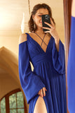 A Line Off the Shoulder Royal Blue Formal Dress with Split Front