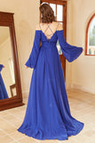 A Line Off the Shoulder Royal Blue Formal Dress with Split Front