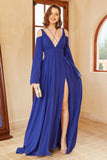 A Line Off the Shoulder Royal Blue Formal Dress with Split Front