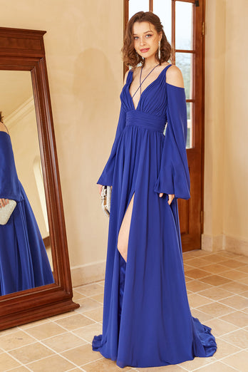 A Line Off the Shoulder Royal Blue Formal Dress with Split Front