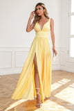 Classic A Line V Neck Yellow Long Formal Dress with Split Front