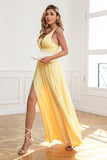 Classic A Line V Neck Yellow Long Formal Dress with Split Front