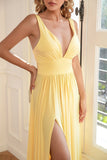 Classic A Line V Neck Yellow Long Formal Dress with Split Front