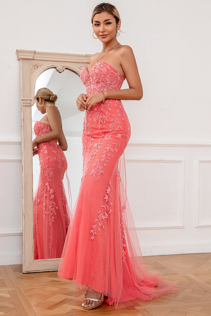 Load image into Gallery viewer, Coral Applique Tulle Formal Dress
