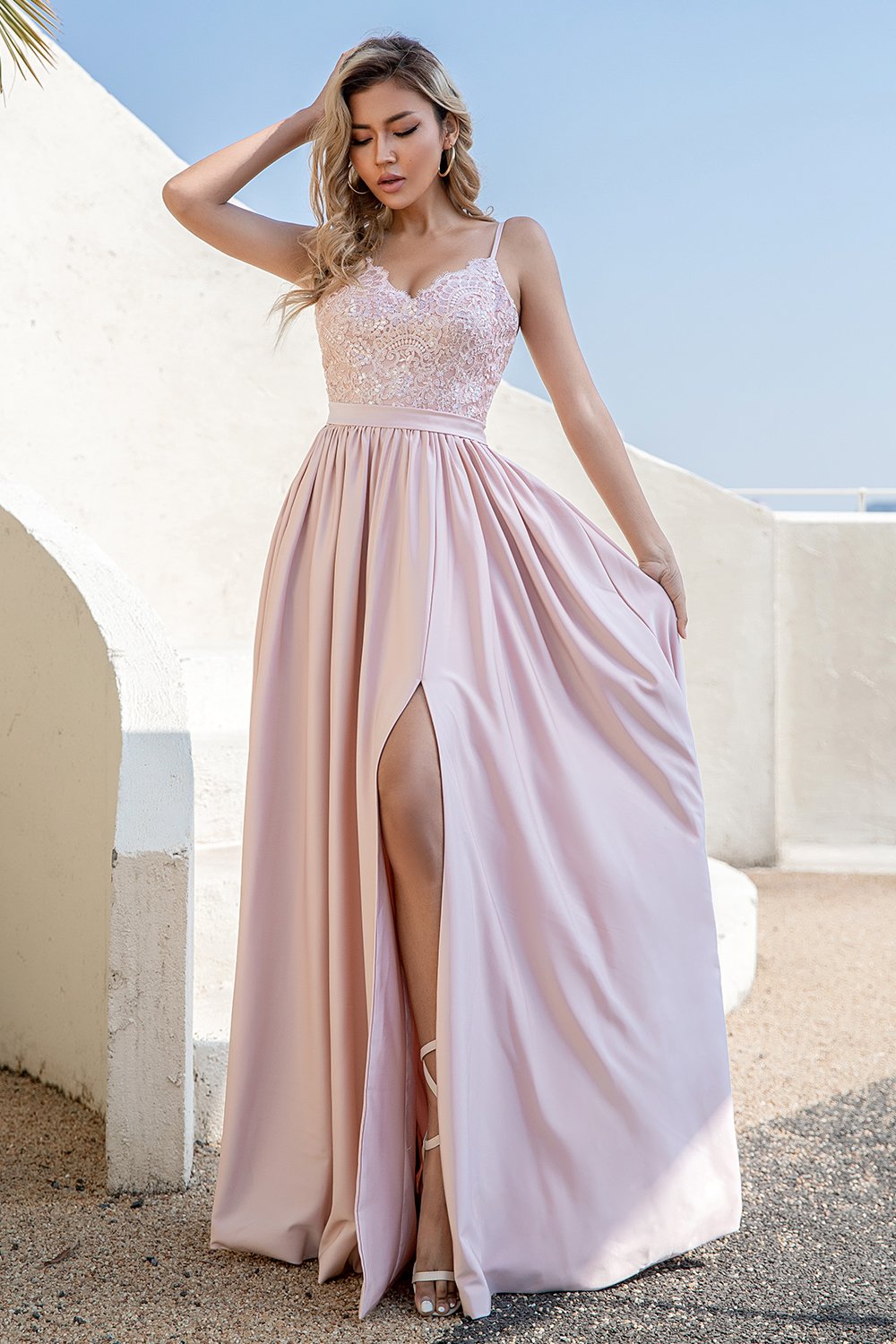 Blush Sequins Formal Dress with Slit
