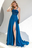 Blue Spaghetti Straps Formal Dress with Lace