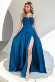 Blue Spaghetti Straps Formal Dress with Lace