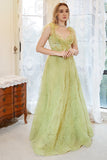 A Line Spaghetti Straps Light Green Tulle Plus Size Prom Dress