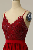 Burgundy Long Formal Dress with Beading Lace