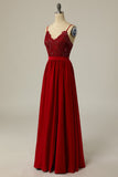 Burgundy Long Formal Dress with Beading Lace