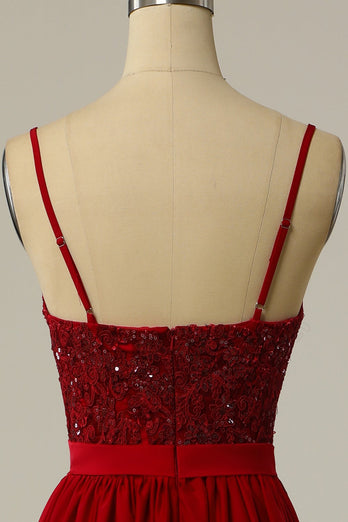 Burgundy Long Formal Dress with Beading Lace