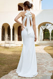 White Mermaid Halter Open Back Wedding Dress