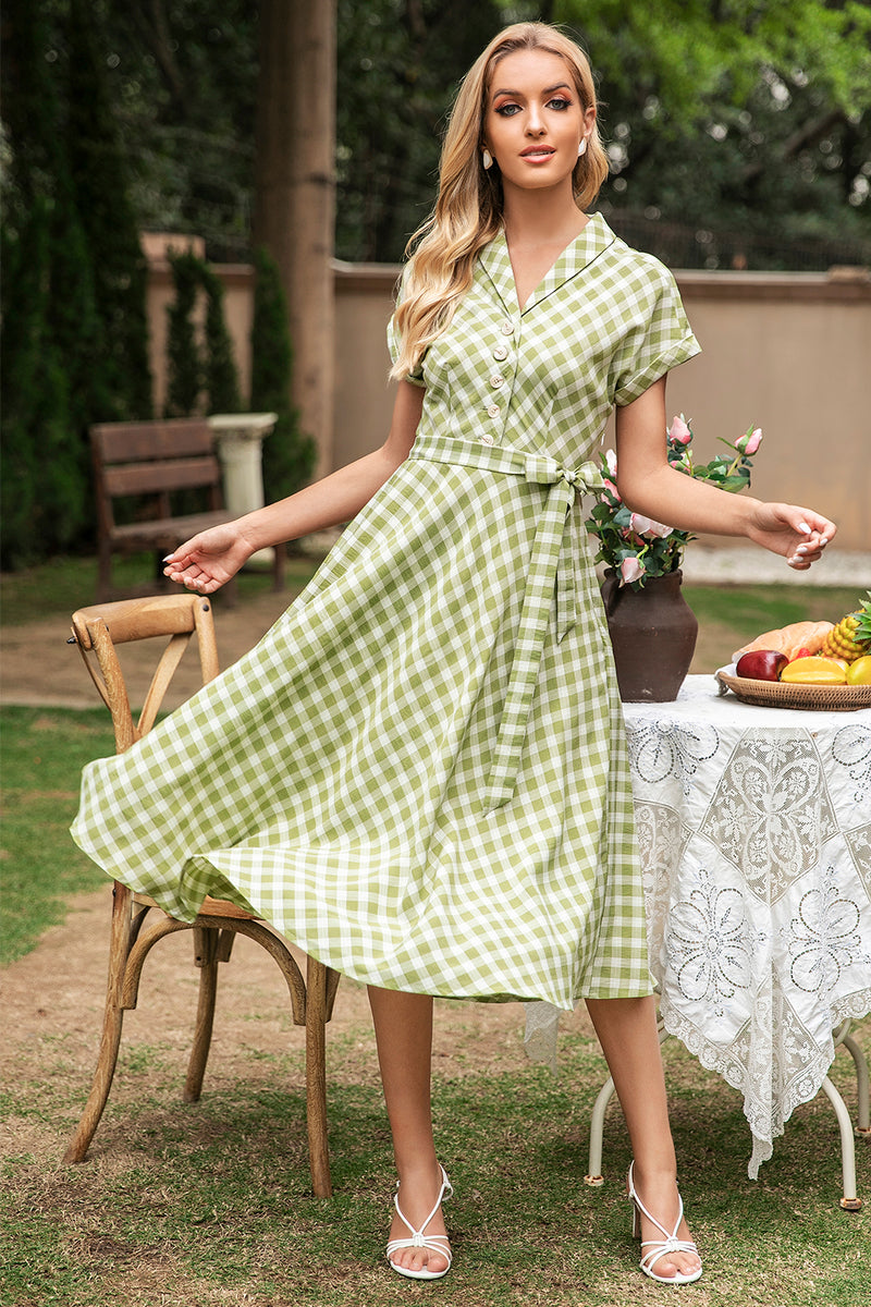 Load image into Gallery viewer, Green V Neck Plaid Summer Dress