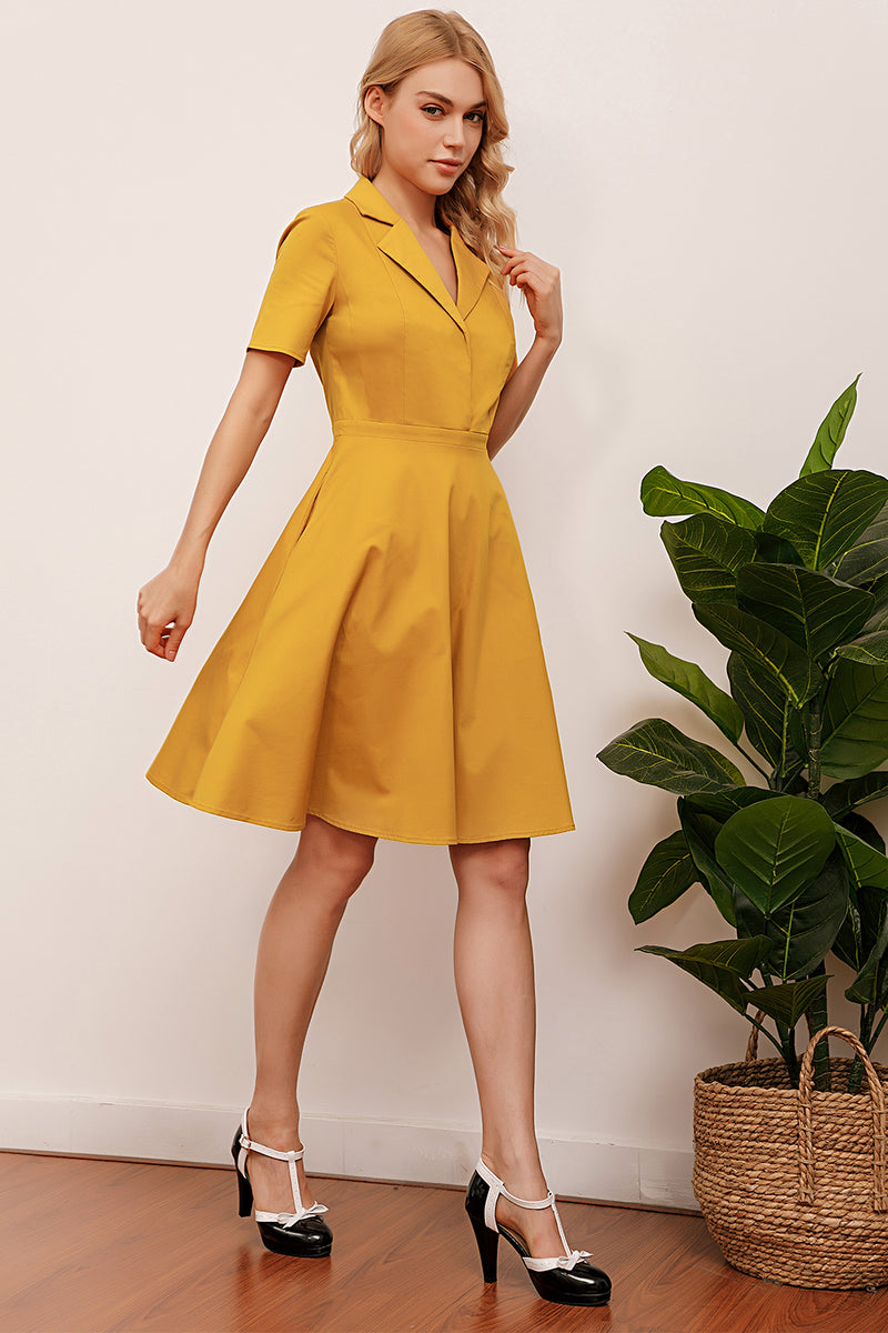 Load image into Gallery viewer, Lapel Yellow 1950s Dress