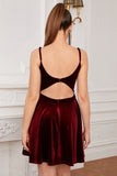 Burgundy Spaghetti Straps Mini Velvet Dress