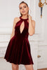 Load image into Gallery viewer, Burgundy Halter Keyhole Mini Velvet Dress