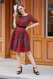 Red Plaid Vintage Dress with Sleeves