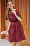 Red Plaid Vintage Dress with Sleeves