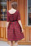 Red Plaid Vintage Dress with Sleeves