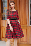 Red Plaid Vintage Dress with Sleeves