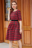 Red Plaid Vintage Dress with Sleeves