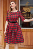 Red Plaid Vintage Dress with Sleeves