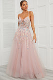 Spaghetti Straps Pink Tulle Formal Dress