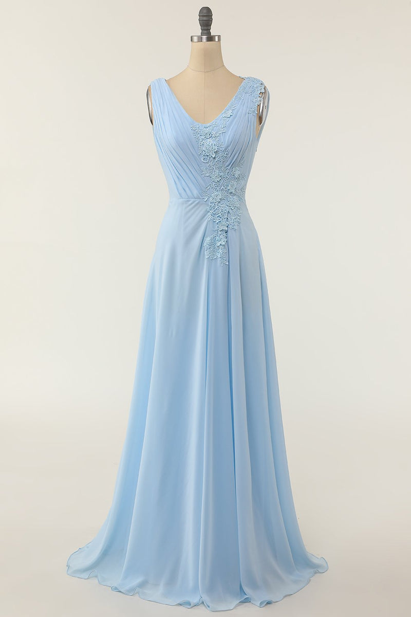 Load image into Gallery viewer, V-neck Blue Bridesmaid Dress with Ruffle