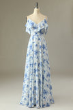 A Line Off the Shoulder Blue Floral Print Long Bridesmaid Dress