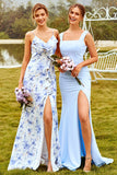 Sheath Spaghetti Straps Blue Floral Print Long Bridesmaid Dress with Split Front