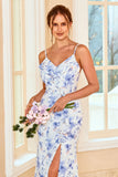 Sheath Spaghetti Straps Blue Floral Print Long Bridesmaid Dress with Split Front