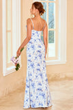 Sheath Spaghetti Straps Blue Floral Print Long Bridesmaid Dress with Split Front