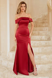 Sheath Off the Shoulder Burgundy Long Bridesmaid Dress with Split Front