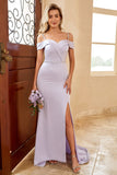 Sheath Spaghetti Straps Lilac Long Bridesmaid Dress with Split Front