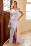 Sheath Spaghetti Straps Lilac Long Bridesmaid Dress with Split Front