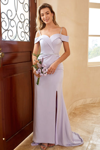 Sheath Spaghetti Straps Lilac Long Bridesmaid Dress with Split Front